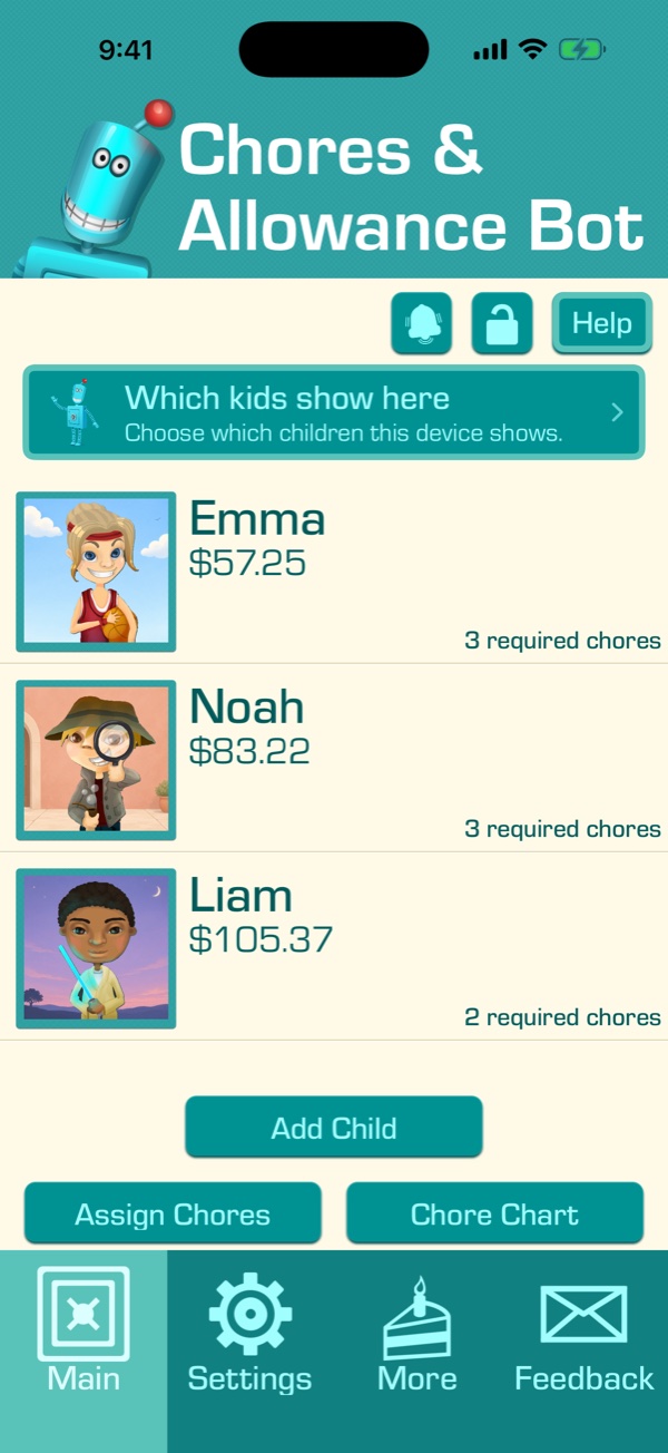 The app&rsquo;s main screen with three children and their savings
